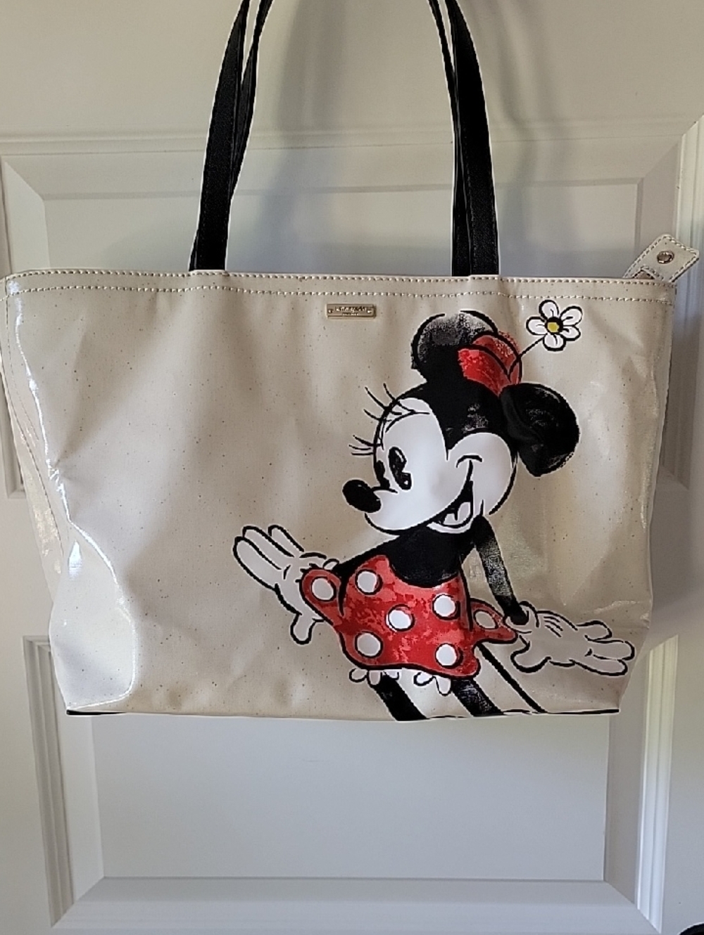 kate spade New York Cream Minnie Mouse Tote with Black Leather Handles~Like New - Picture 3 of 16